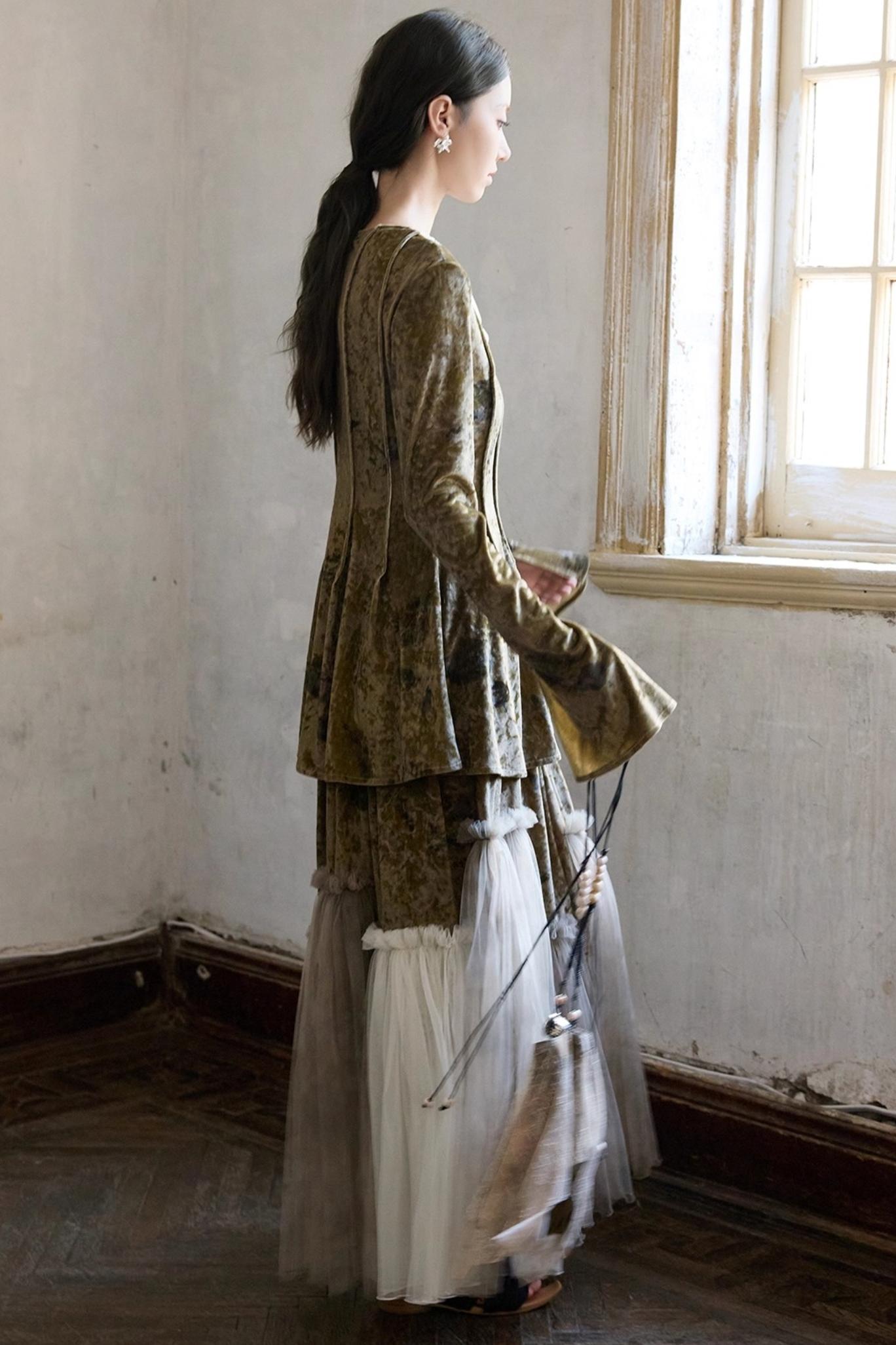 French Velvet Long Sleeve Lace-up Top