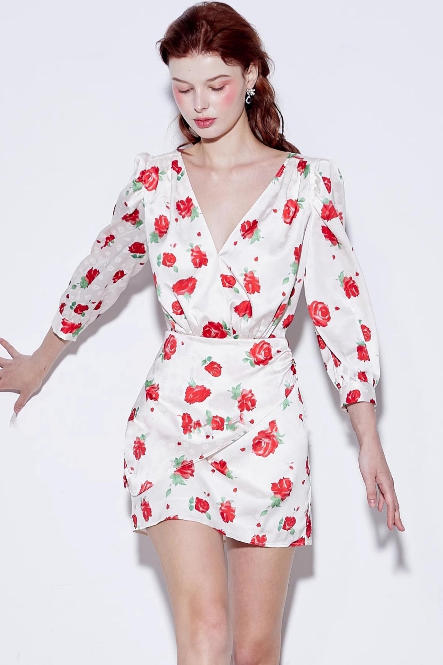 Satin Rose Jacquard V-Neck Dress