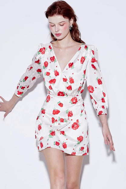 Satin Rose Jacquard V-Neck Dress