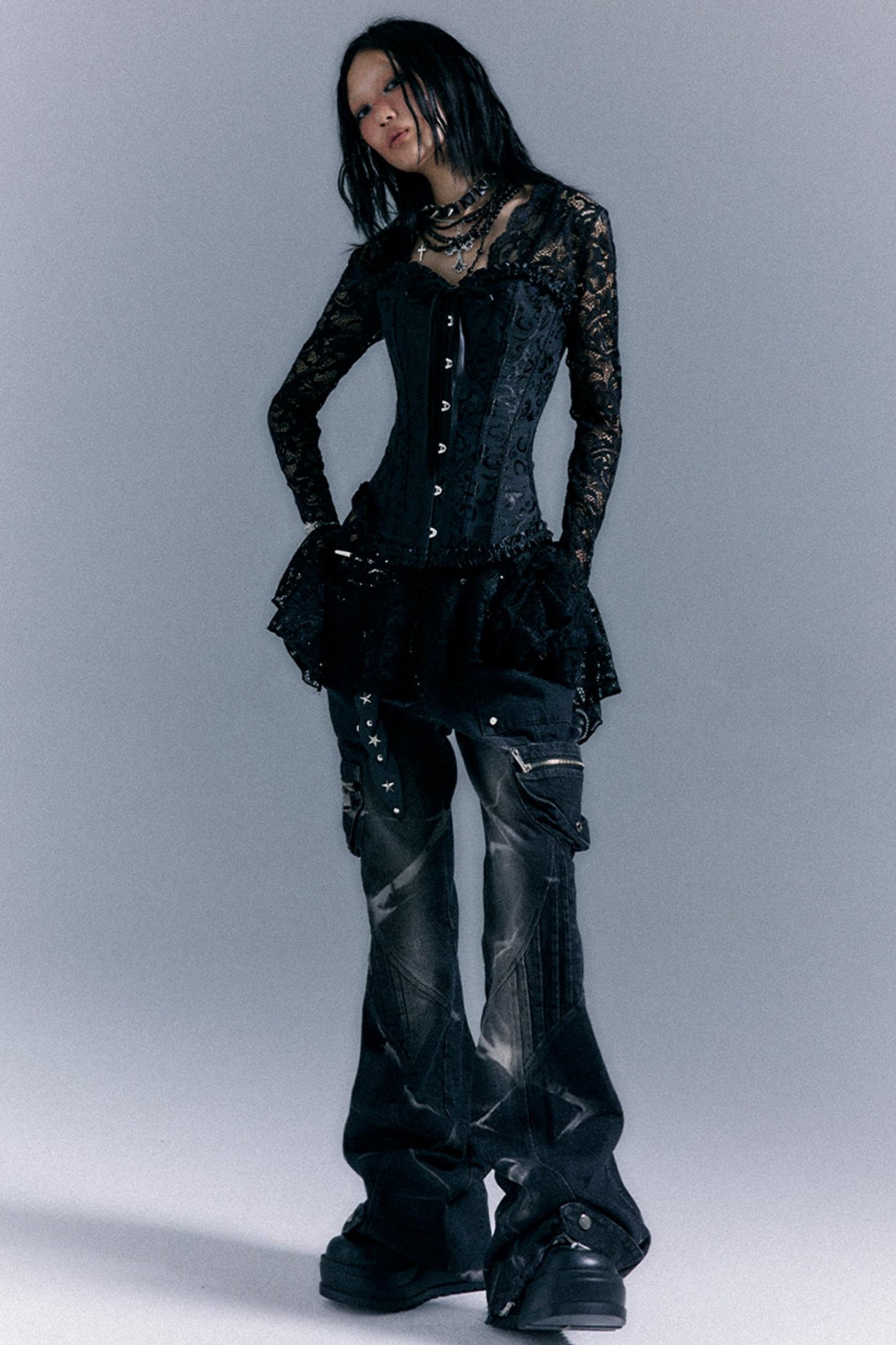 Vintage Studded Denim Flared Pants