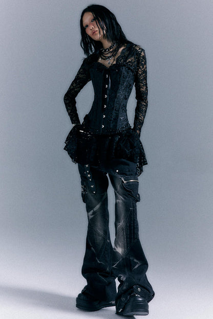 Vintage Studded Denim Flared Pants