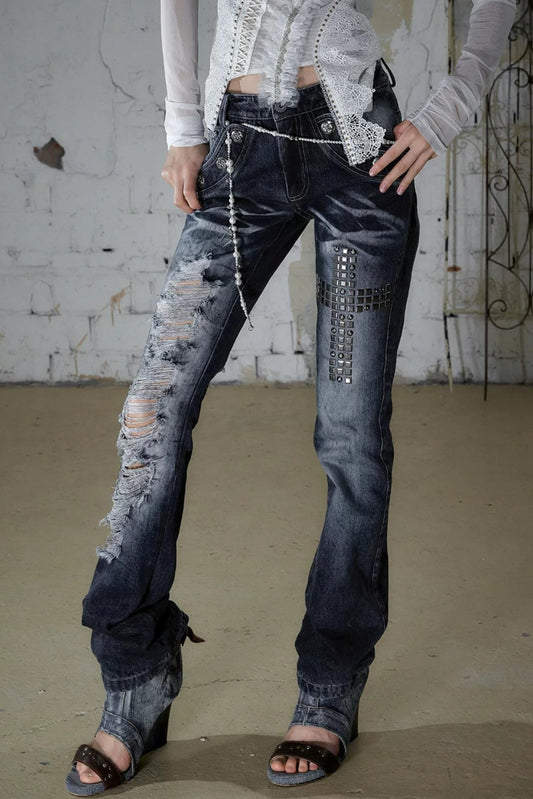 Rhinestone Distressed Denim Pants