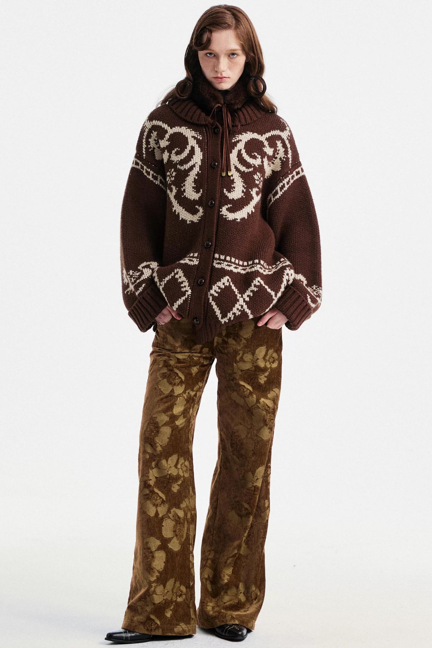 Brown Floral Jacquard Pants
