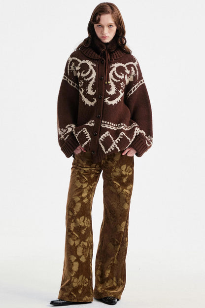 Brown Floral Jacquard Pants