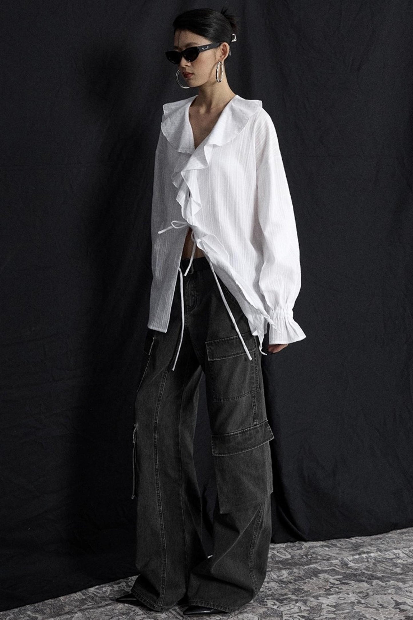 Winter White Ruffled V-Neck Shirt