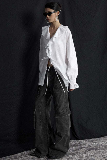 Winter White Ruffled V-Neck Shirt