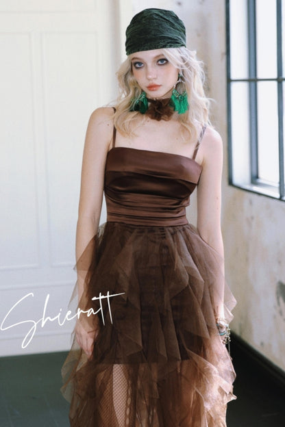 Chocolate Satin Halter Dress