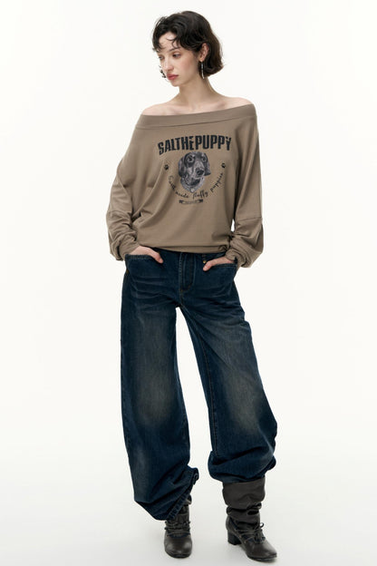 Puppy Print Slanted Shoulder T-Shirt