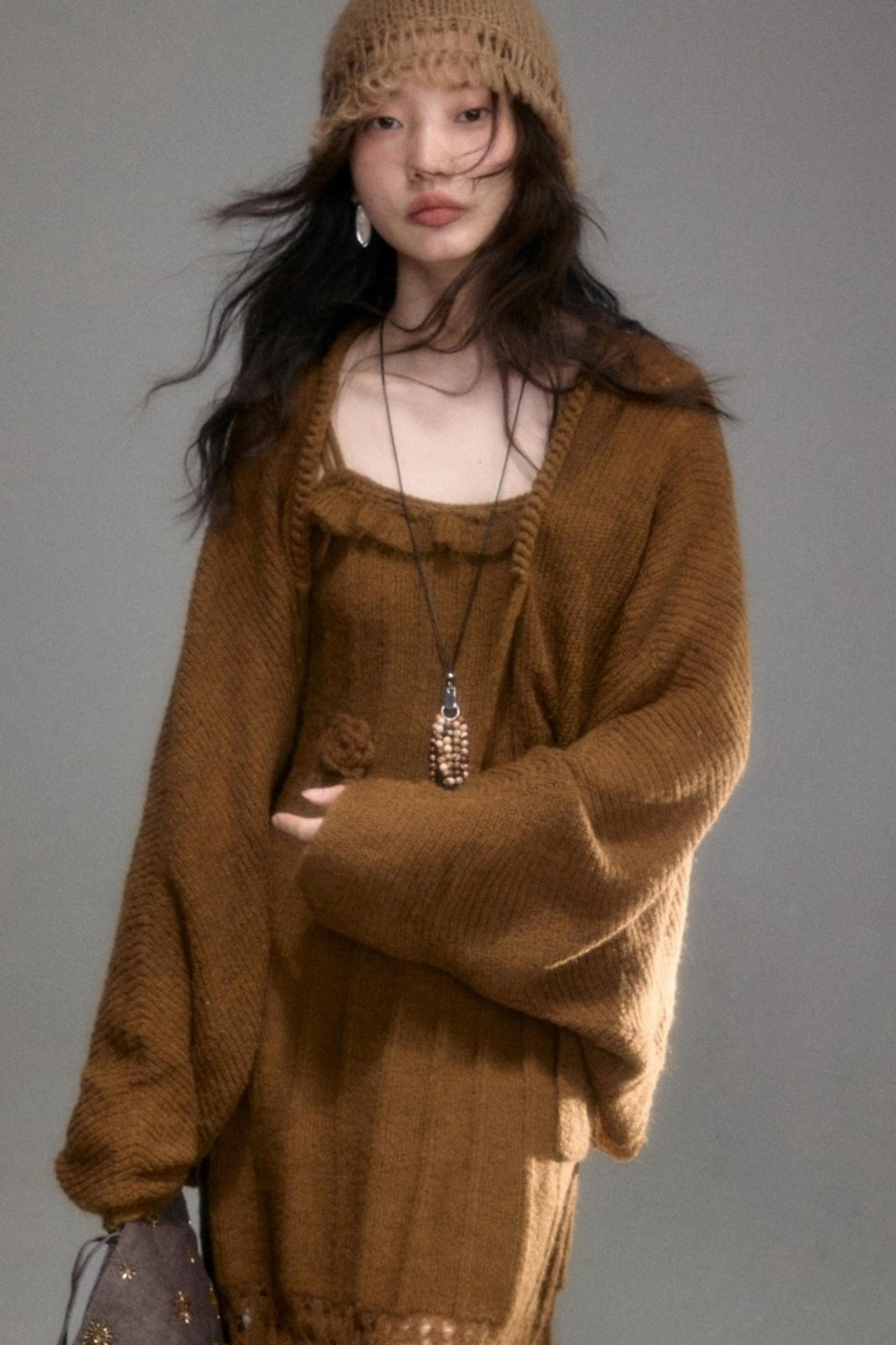 Crochet Knit Camisole Dress Cardigan Set-Up