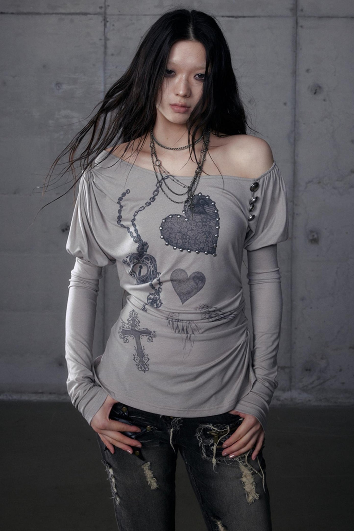 Puff Sleeve Punk Print Shirt