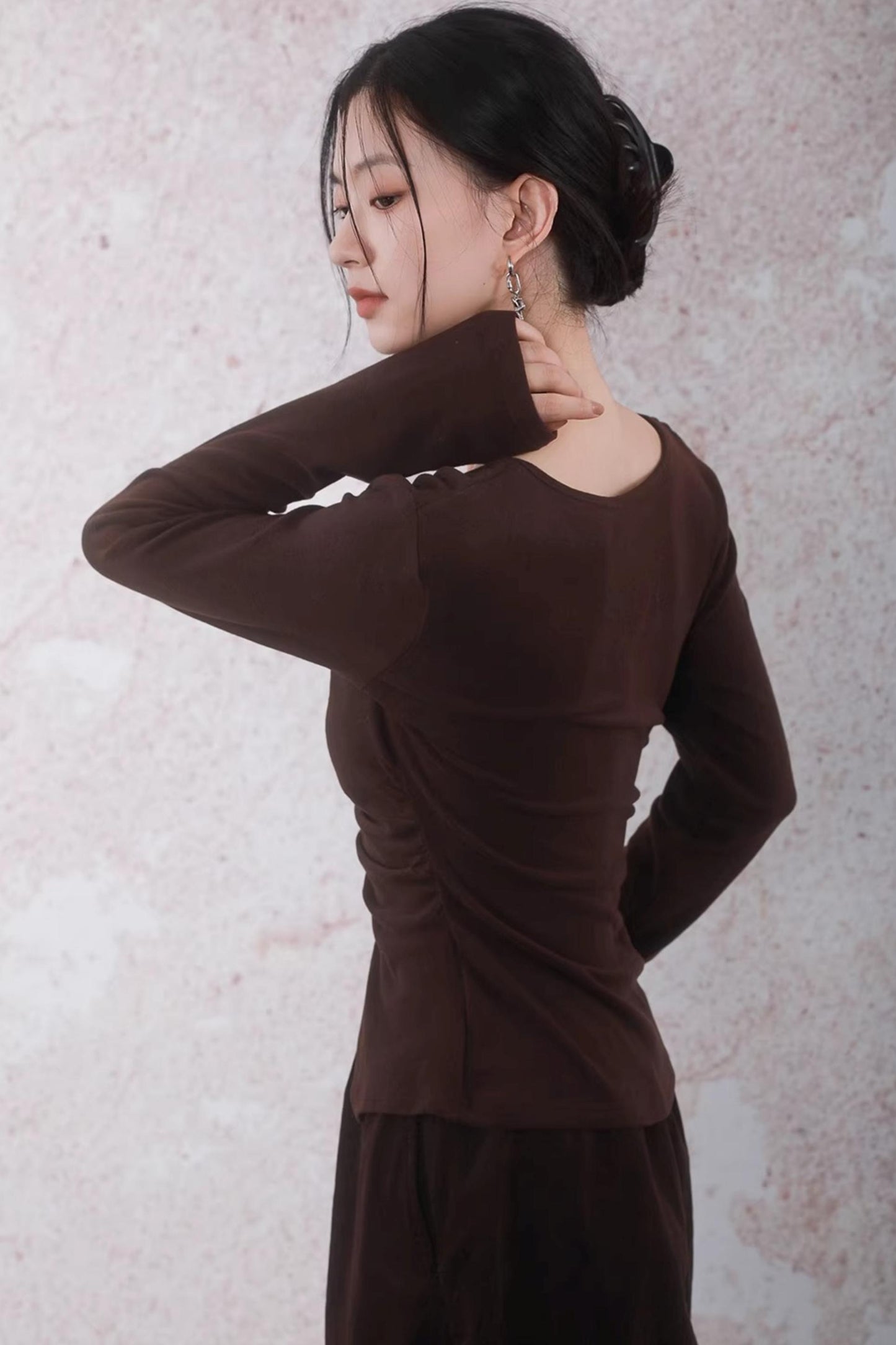 Caramel Coffee Shell Buckle Streamer Top