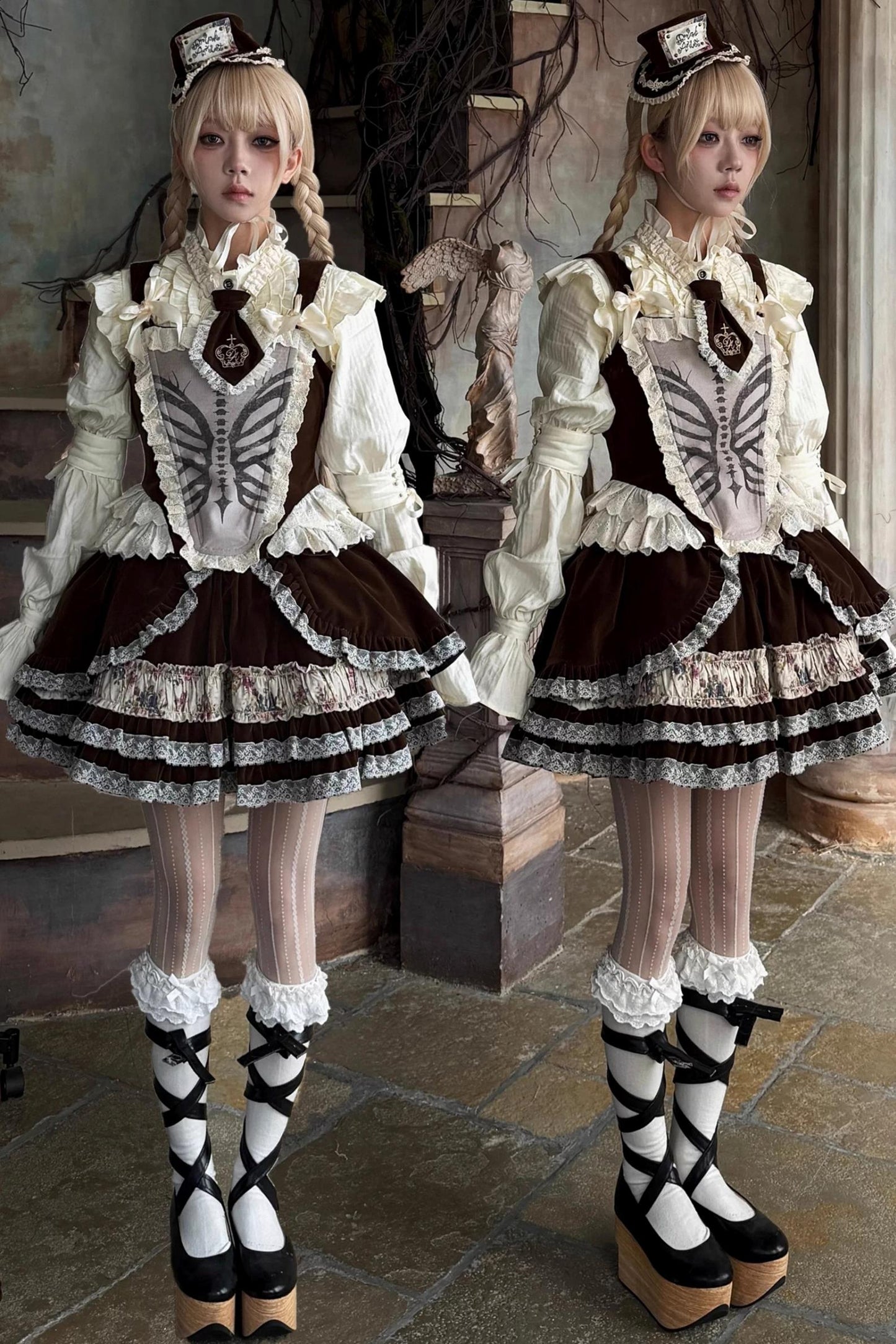 Bone Print Velvet Corset Vest