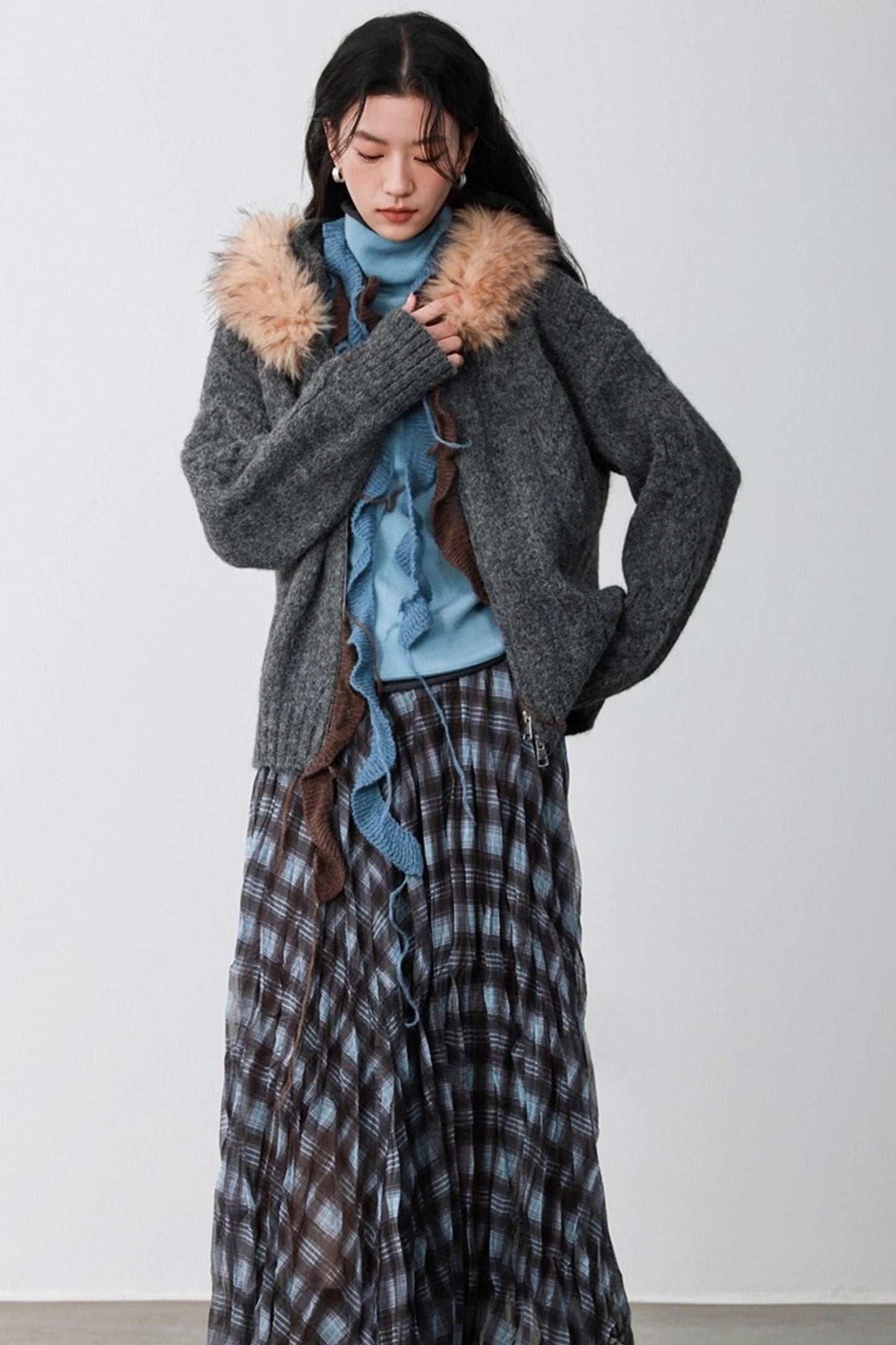 Fog Gray Fur Collar Hooded Jacket