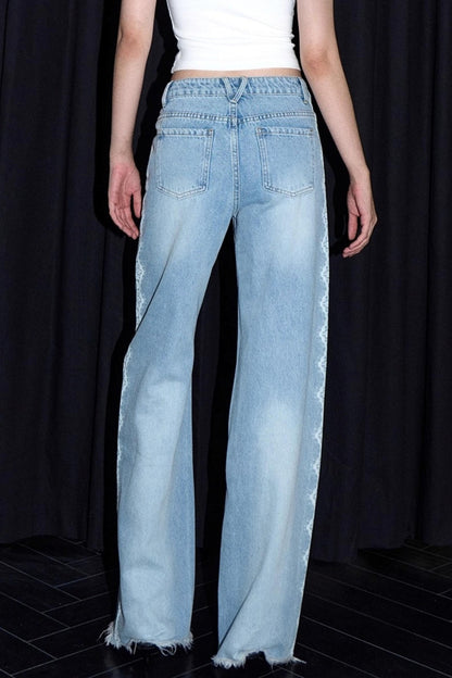Lace Raw Hem Straight Jeans