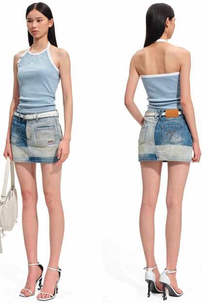 Sand-Washed Color-Blocked Halter Top