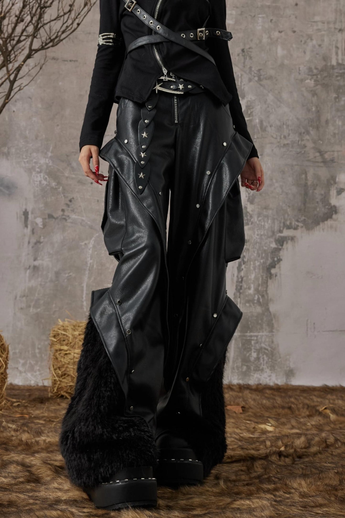 Autumn Punk Wide-Leg Leather Pants