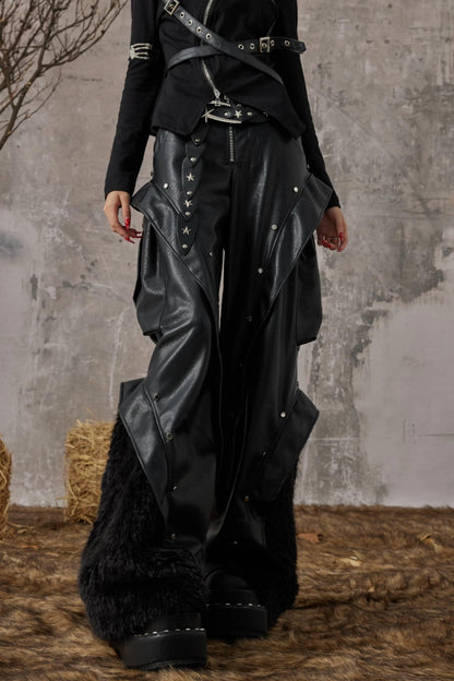 Autumn Punk Wide-Leg Leather Pants