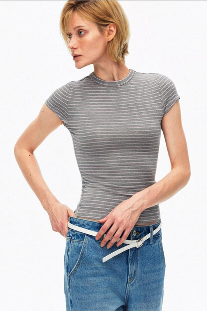 Trendy gray and pink striped cotton top for a unique summer vibe