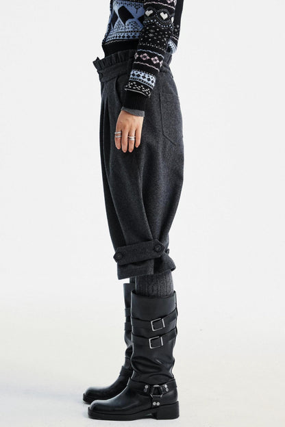 Gray Woolen Lace-Trim Pants