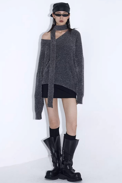 Silberner Faden V-Ausschnitt Strickpullover