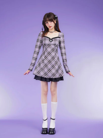 Plaid A-Line Bubble Long-sleeved Lace Dress