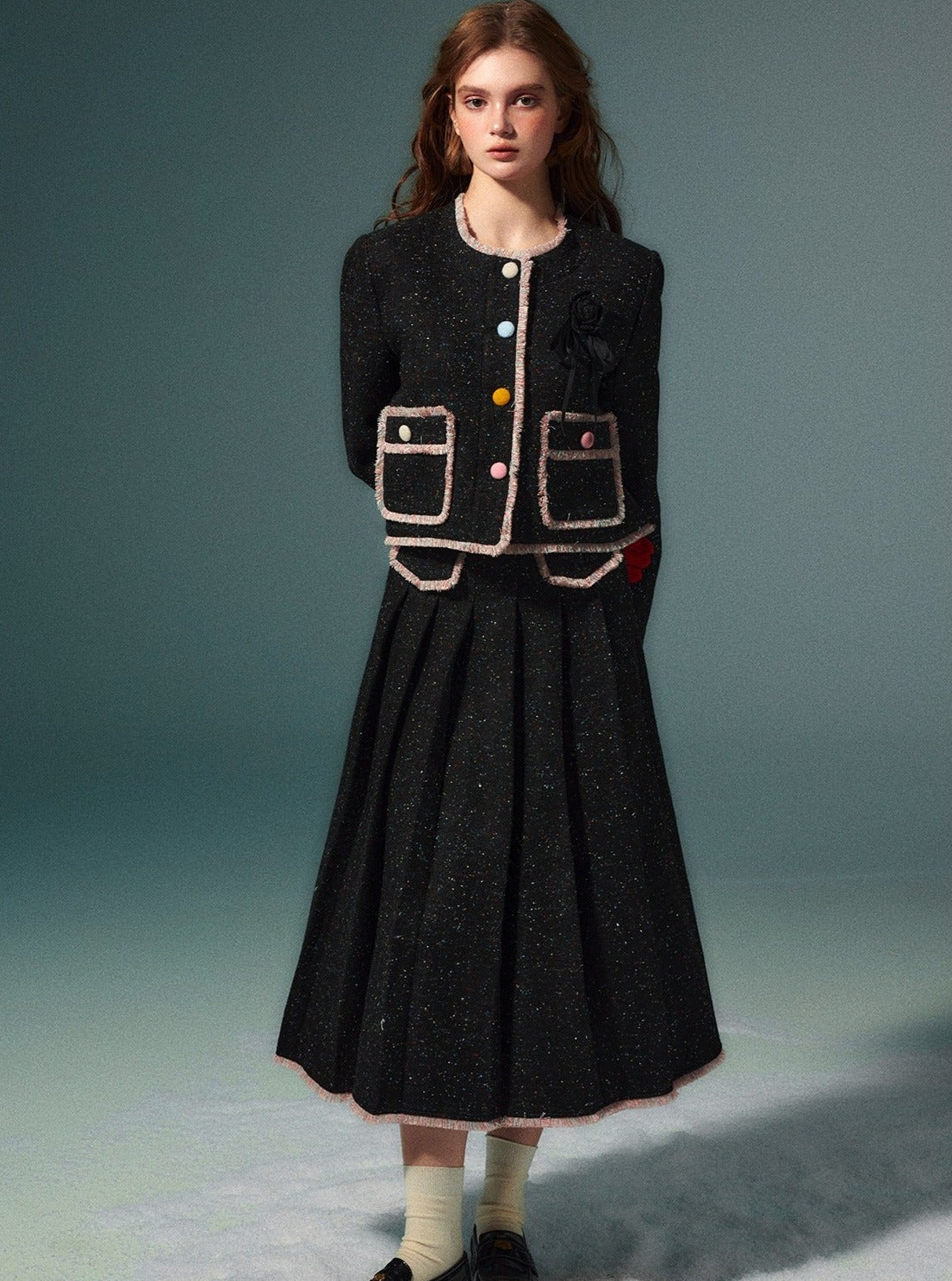 Wool coat pleated long skirt set