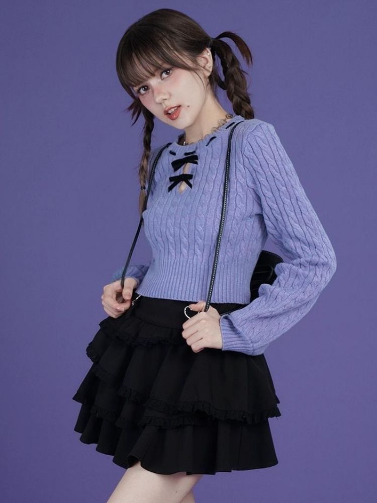 Blue-purple bow twist short sweater