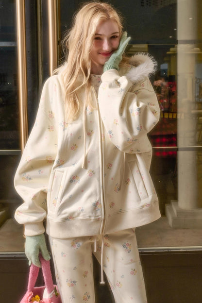 Floral Milky Way Fur Collar Jacket Set-Up