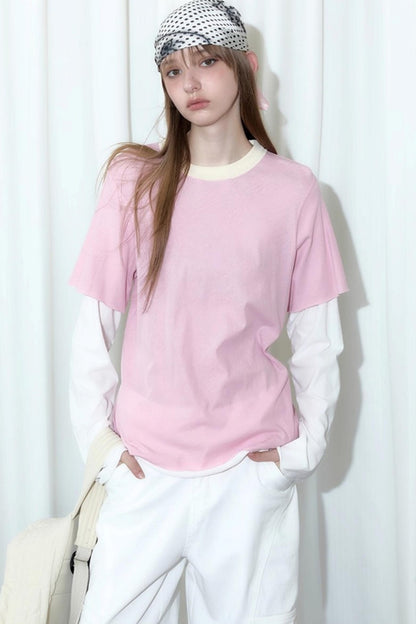 Fake Two-Piece Contrast Long Sleeve T-shirt