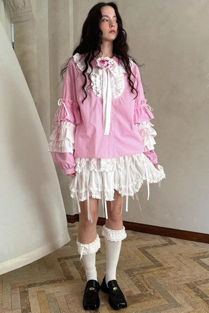 Pink-White Plaid Lace Shirt