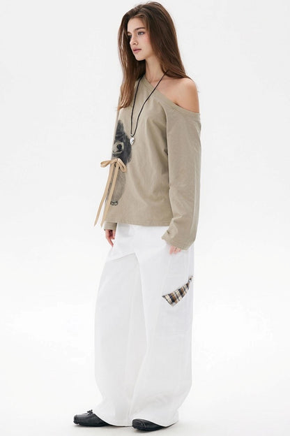 Khaki Bow knot Off-Shoulder T-Shirt