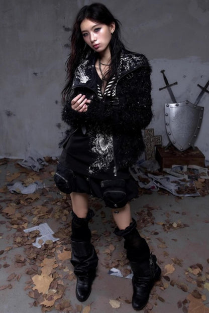 Vintage Dark Knight Plush Patchwork Coat