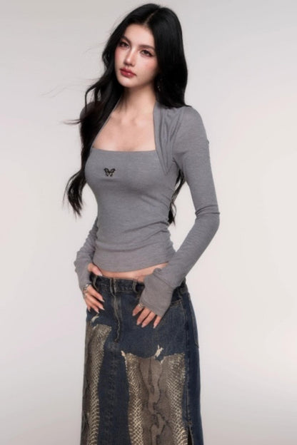 Fake Two Sleeve Slim Knit Top