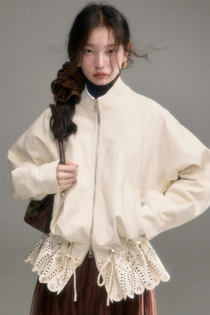 Hollow-Out Floral Leather Jacket