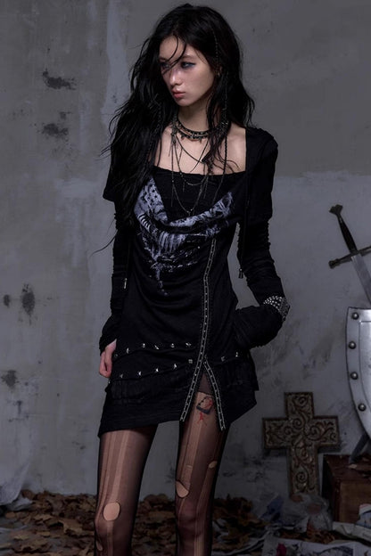 Rock Swing Collar Print Long Sleeve Dress