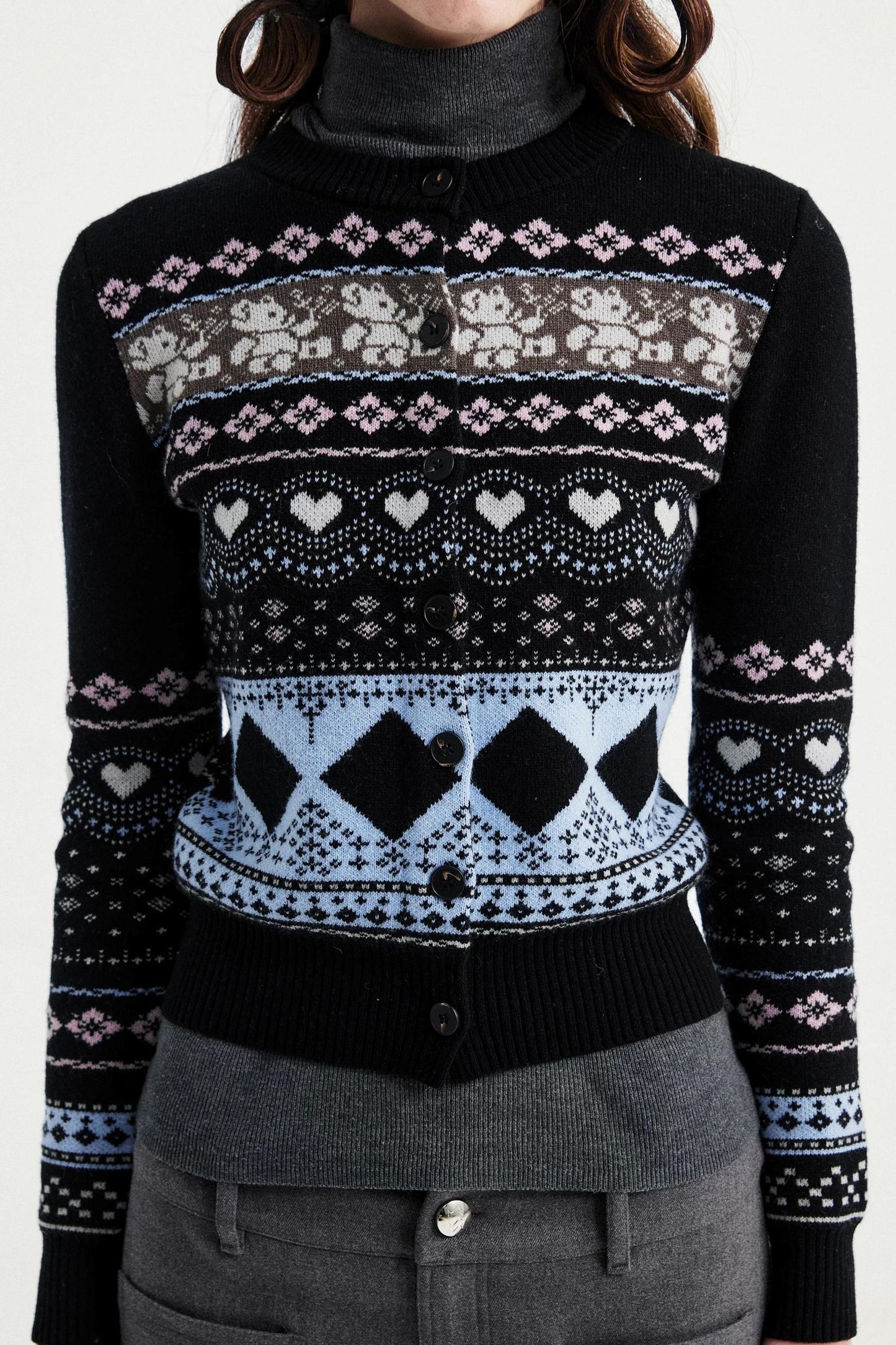 Retro Bear Jacquard Wool Cardigan