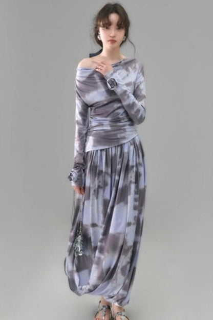 Poetic Swing Collar Print T-Shirt & Skirt Set-Up