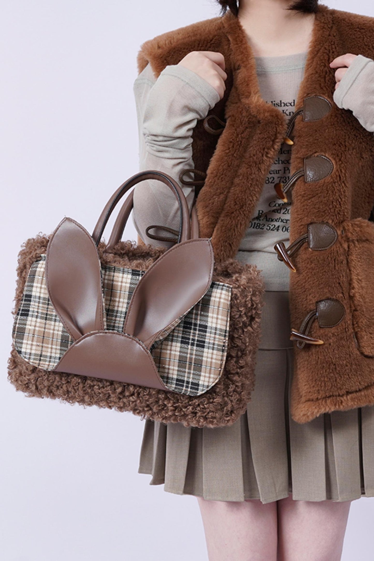 Plaid Rabbit Fur Tote Bag