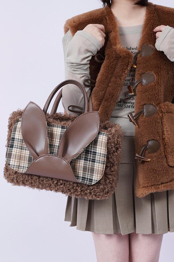 Plaid Rabbit Fur Tote Bag
