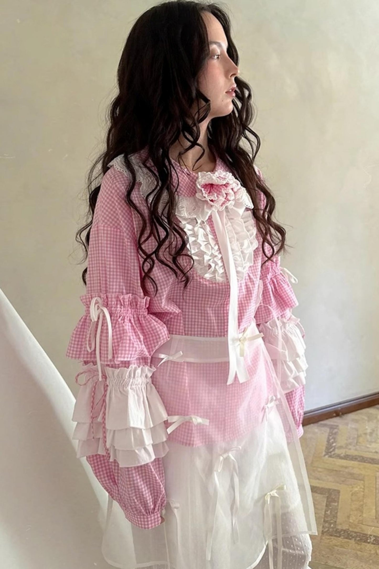 Pink-White Plaid Lace Shirt