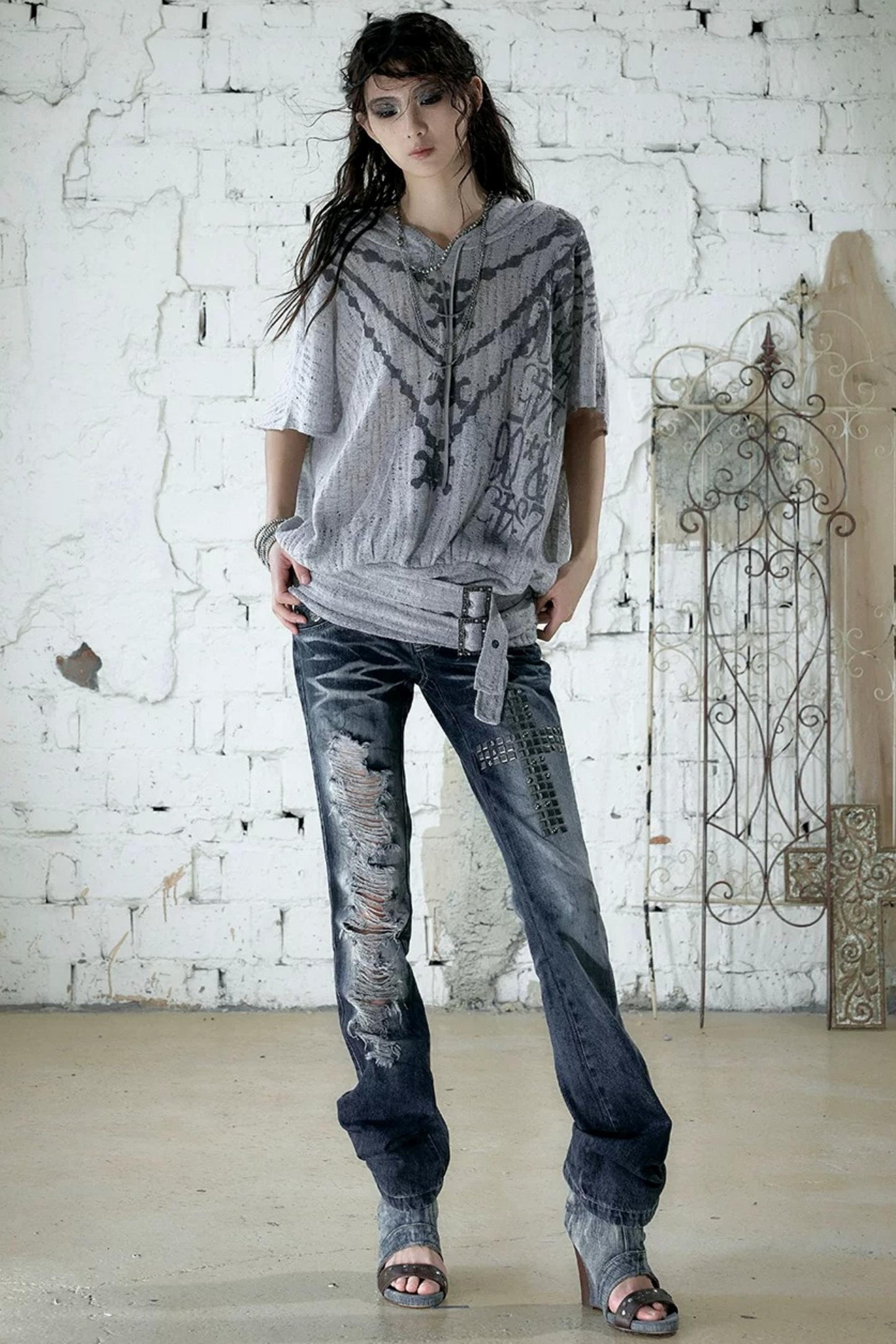 Punk Ripped Knit Hooded Blouse