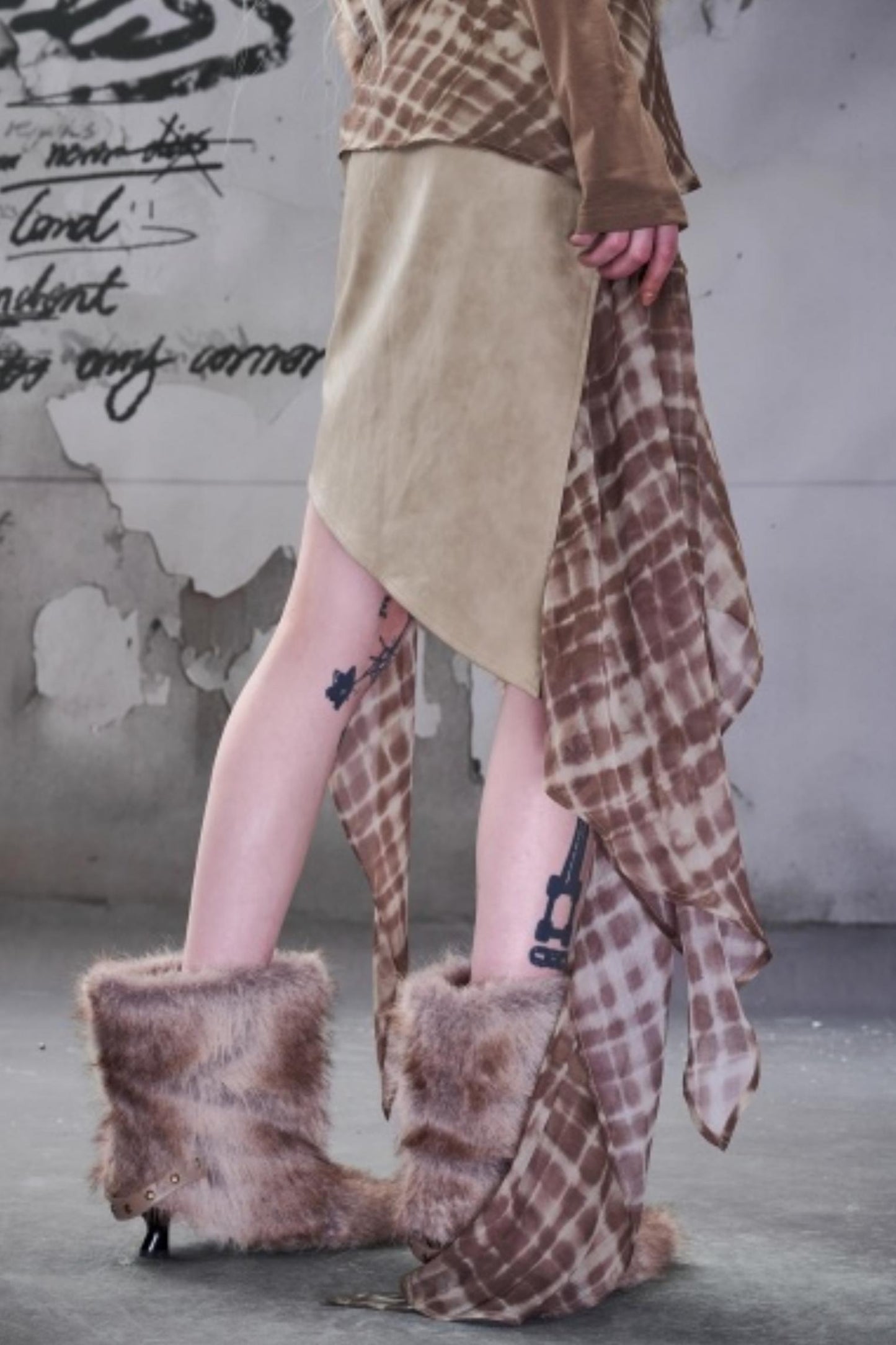 Chiffon Panel Ruffled Irregular Leather Skirt