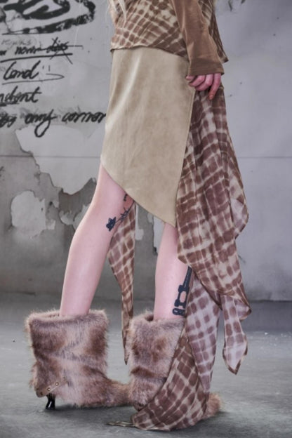 Chiffon Panel Ruffled Irregular Leather Skirt