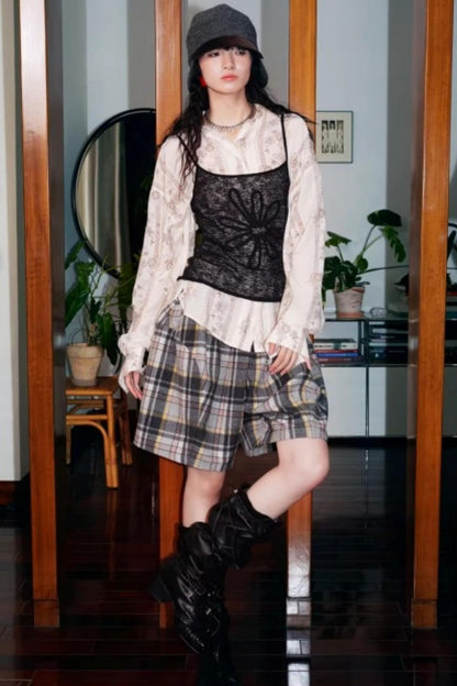 Vintage Plaid Wide-Leg Shorts