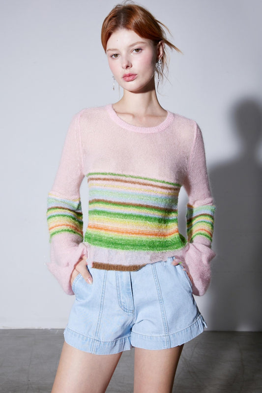 Mohair Silky Wool Rainbow Lantern Sleeve Sweater