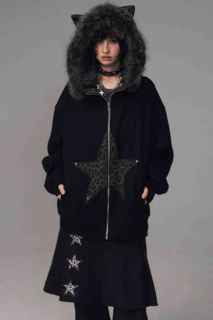 Cat-Ear Leopard Hooded Jacket