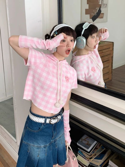 Cat Ears Hooded Short Sleeve Creamy Pink Plaid Knit Pants