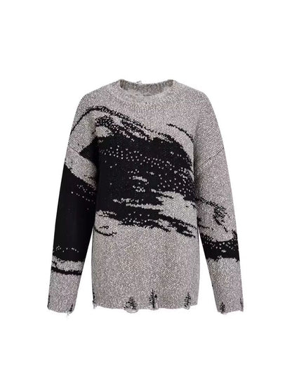 Jacquard Crew Neck Silhouette Knit Sweater