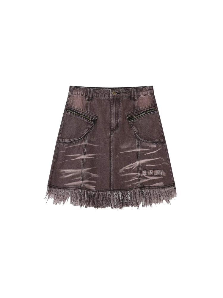 Fringe short section denim A-line half-body skirt