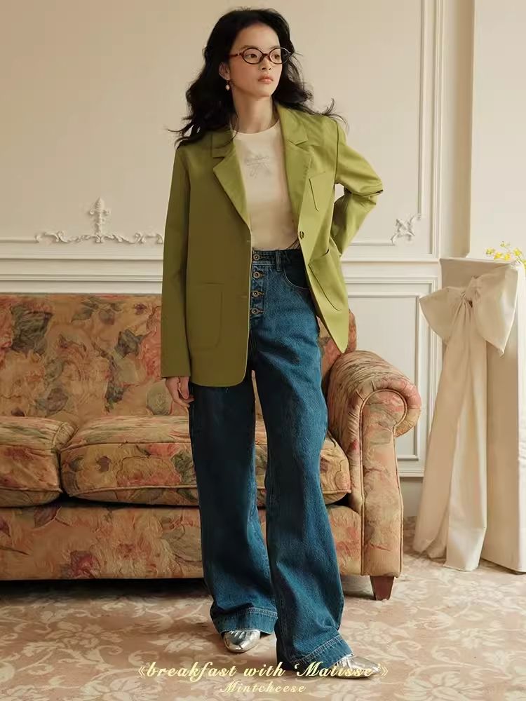 Green Literary Loose Suit Jacket